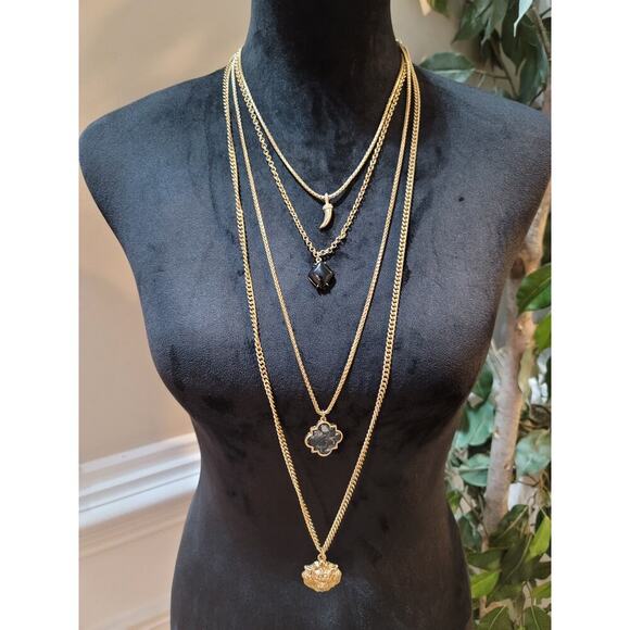 Women's Layered Gold Chain Necklace With Black Charms Lobster Lock Jewelry - Picture 1 of 7